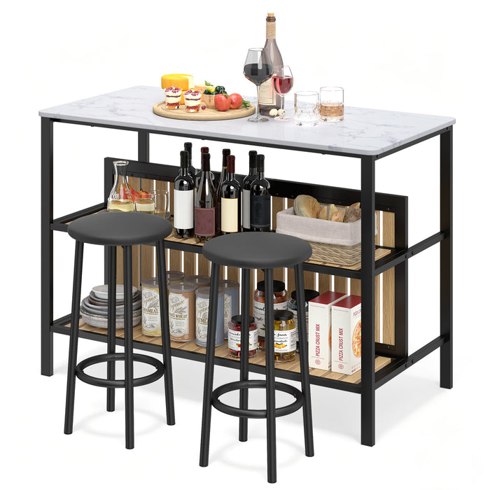 3-Piece Dining Table Set Kitchen Island and 2 Bar Stools Set with 2-Tier Storage Shelf-White