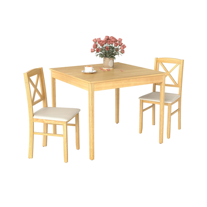 3-Piece Dining Table Set Wooden Square Kitchen Table with 2 Upholstered Chairs for 2 People-