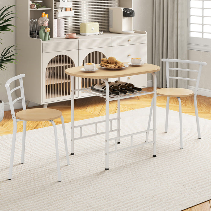 3-Piece Dining Table Set with Wood Grain Tabletop and Extra Wine Rack-