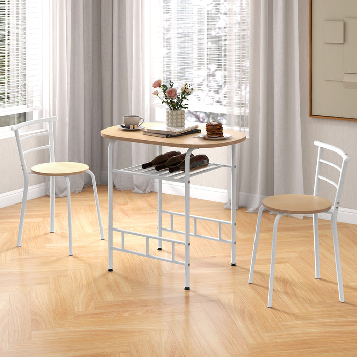 3-Piece Dining Table Set with Wood Grain Tabletop and Extra Wine Rack-
