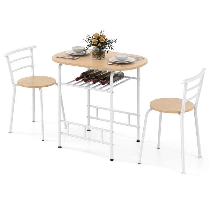 3-Piece Dining Table Set with Wood Grain Tabletop and Extra Wine Rack-