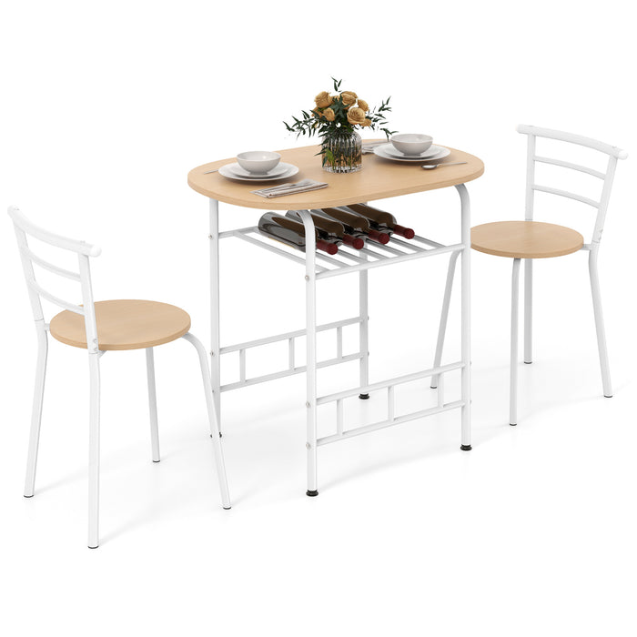 3-Piece Dining Table Set with Wood Grain Tabletop and Extra Wine Rack-