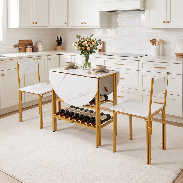 3-Piece Drop Leaf Dining Table Set with 2 Chairs and 2-Tier Storage Shelves for Kitchen-Rustic Brown