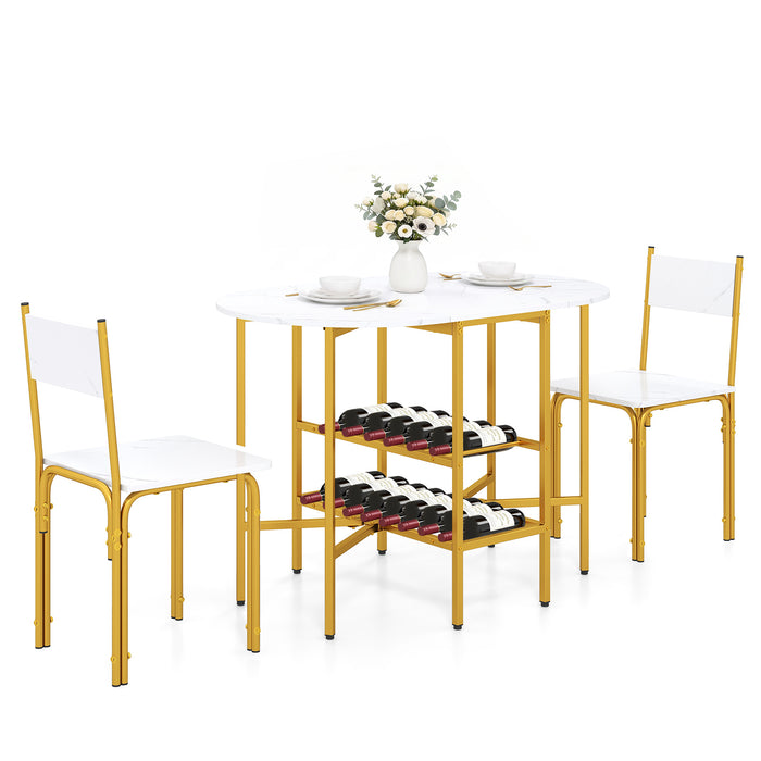 3-Piece Drop Leaf Dining Table Set with 2 Chairs and 2-Tier Storage Shelves for Kitchen-Rustic Brown