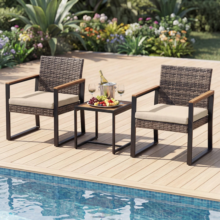 3-Piece PE Wicker Patio Set with Soft Cushion and Side Table for Balcony-