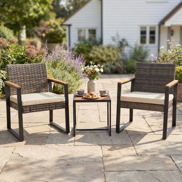 3-Piece PE Wicker Patio Set with Soft Cushion and Side Table for Balcony-