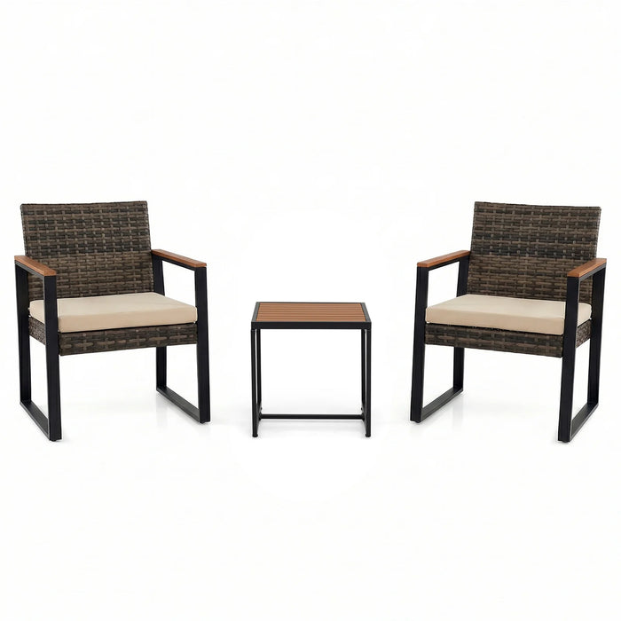 3-Piece PE Wicker Patio Set with Soft Cushion and Side Table for Balcony-