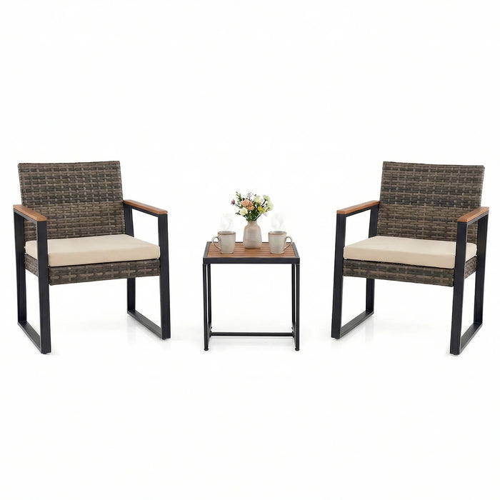 3-Piece PE Wicker Patio Set with Soft Cushion and Side Table for Balcony-