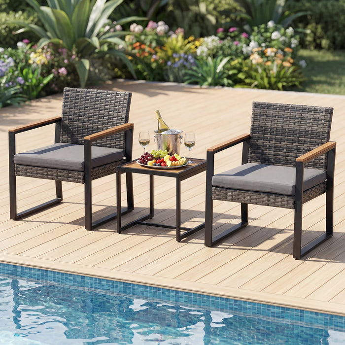 3-Piece PE Wicker Patio Set with Soft Cushion and Side Table for Balcony-