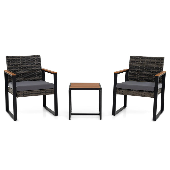 3-Piece PE Wicker Patio Set with Soft Cushion and Side Table for Balcony-
