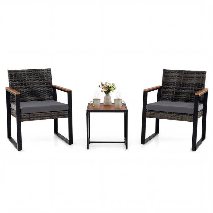 3-Piece PE Wicker Patio Set with Soft Cushion and Side Table for Balcony-