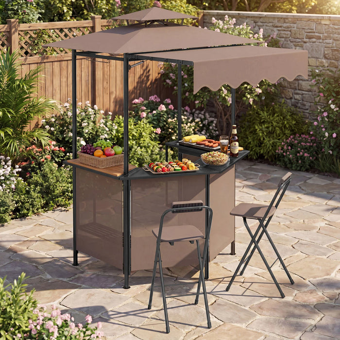 3-Piece Patio Bar Set and Outdoor BBQ Canopy with Bar Table and 2 Folding Bar Stools for Backyard-