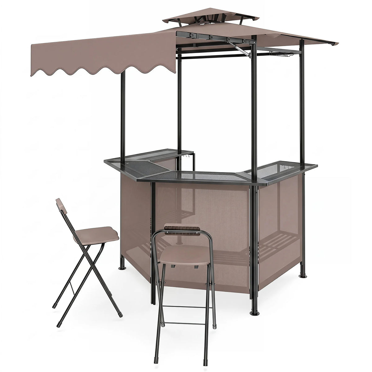 3-Piece Patio Bar Set and Outdoor BBQ Canopy with Bar Table and 2 Folding Bar Stools for Backyard-