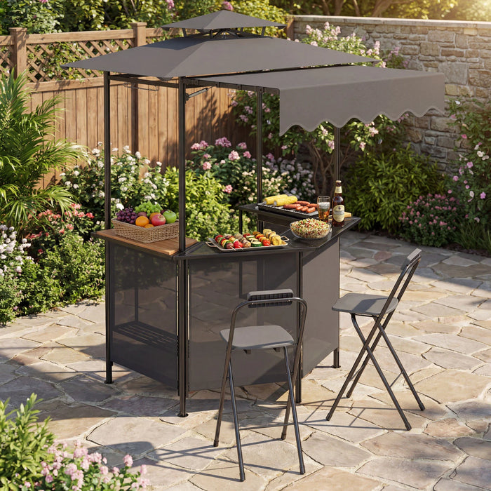 3-Piece Patio Bar Set and Outdoor BBQ Canopy with Bar Table and 2 Folding Bar Stools for Backyard-