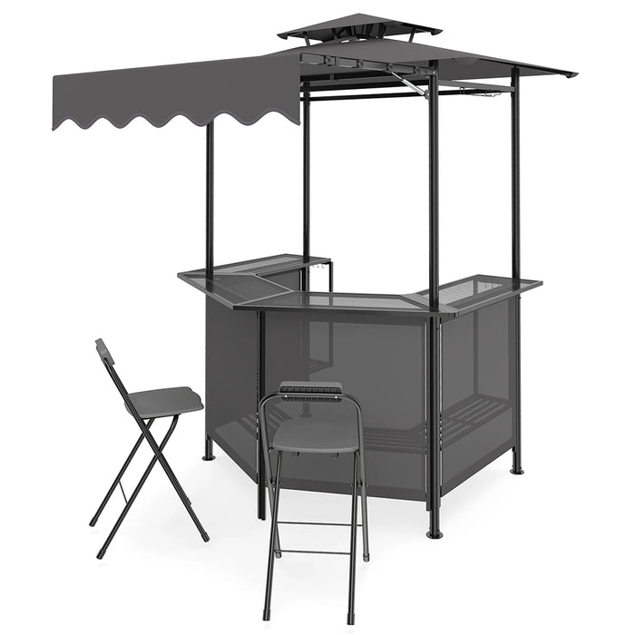 3-Piece Patio Bar Set and Outdoor BBQ Canopy with Bar Table and 2 Folding Bar Stools for Backyard-