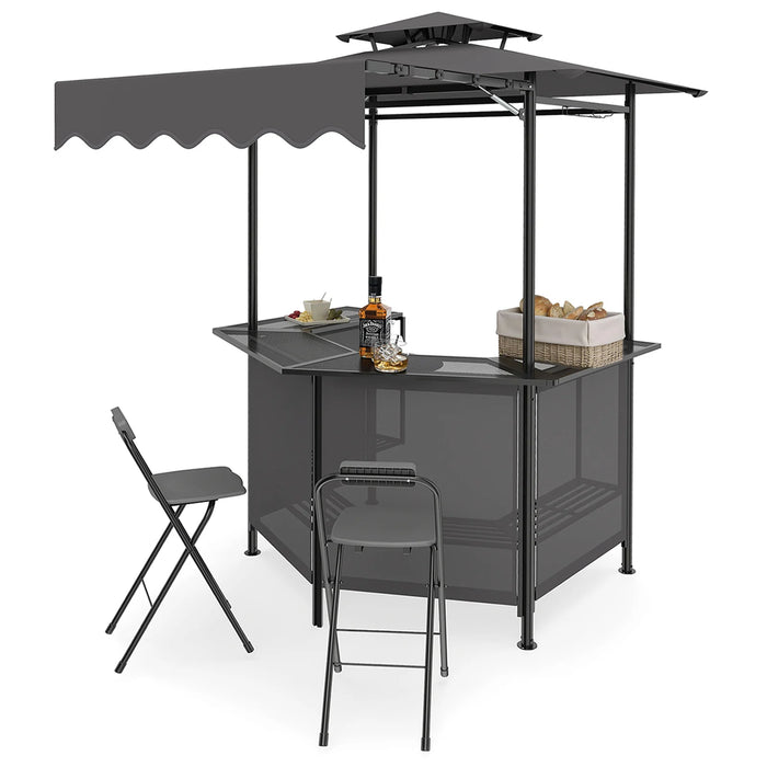 3-Piece Patio Bar Set and Outdoor BBQ Canopy with Bar Table and 2 Folding Bar Stools for Backyard-