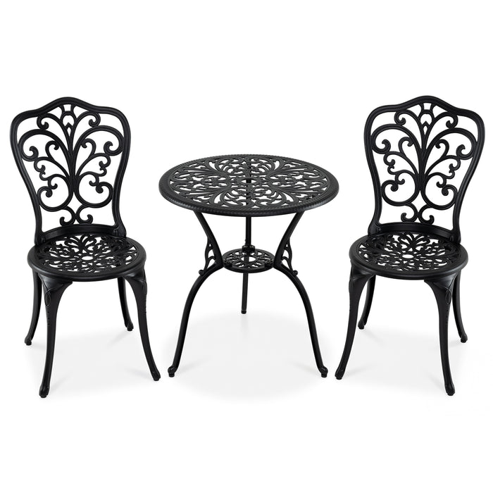 3-Piece Patio Bistro Set All Weather Cast Aluminum Table and Chairs with Umbrella Hole and Butterfly Backrests-Black