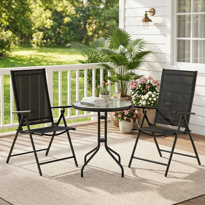3 Piece Patio Bistro Set with Tempered Glass Coffee Table and Heavy Duty Metal Frame-Black