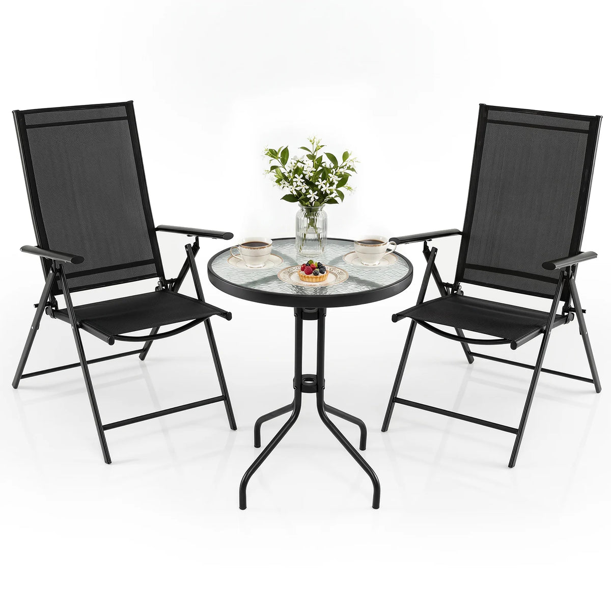 3 Piece Patio Bistro Set with Tempered Glass Coffee Table and Heavy Duty Metal Frame-Black