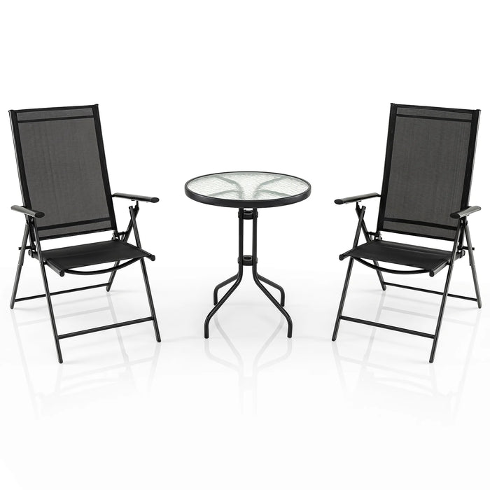 3 Piece Patio Bistro Set with Tempered Glass Coffee Table and Heavy Duty Metal Frame-Black