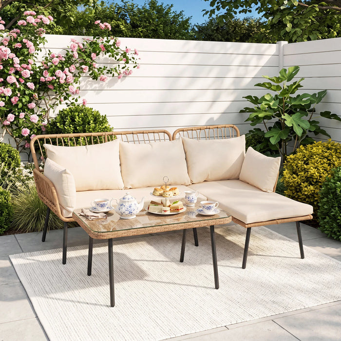 3-Piece Patio Furniture Set with Coffee Table and L-Shaped Sectional Sofa-Beige