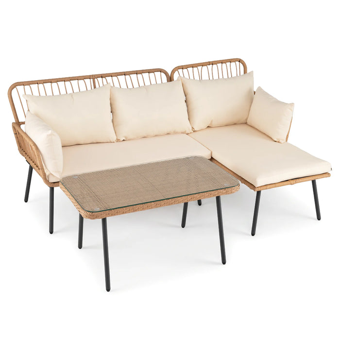 3-Piece Patio Furniture Set with Coffee Table and L-Shaped Sectional Sofa-Beige