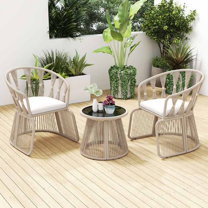 3 Piece Patio Leisure Chair Set Rope-Woven Armchairs and Table Set with Soft Seat Cushions-