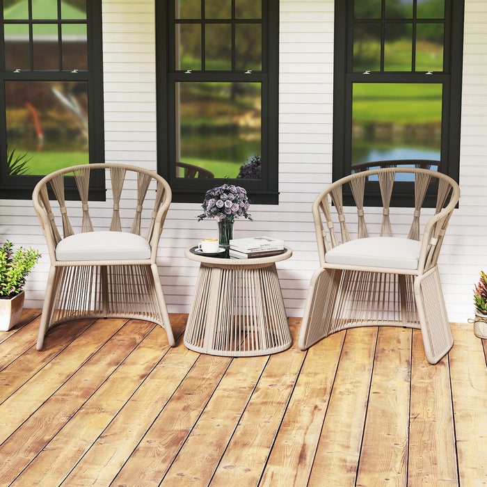 3 Piece Patio Leisure Chair Set Rope-Woven Armchairs and Table Set with Soft Seat Cushions-