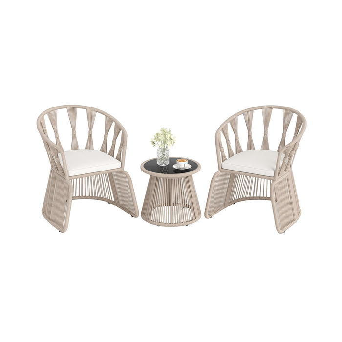 3 Piece Patio Leisure Chair Set Rope-Woven Armchairs and Table Set with Soft Seat Cushions-