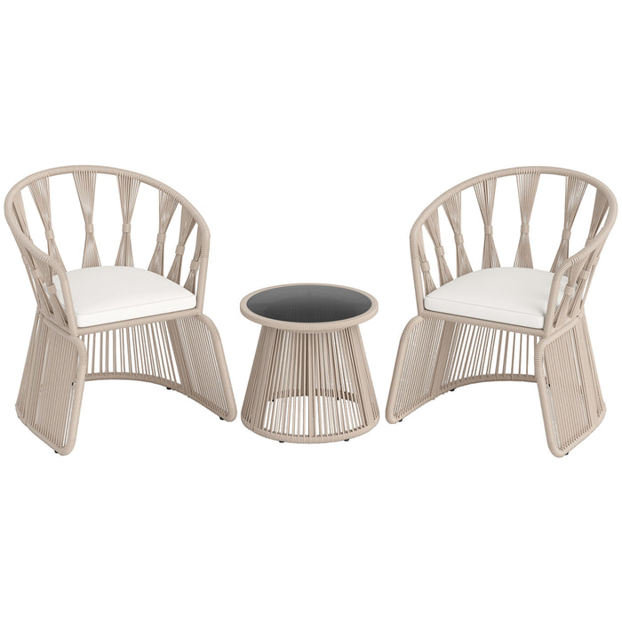 3 Piece Patio Leisure Chair Set Rope-Woven Armchairs and Table Set with Soft Seat Cushions-