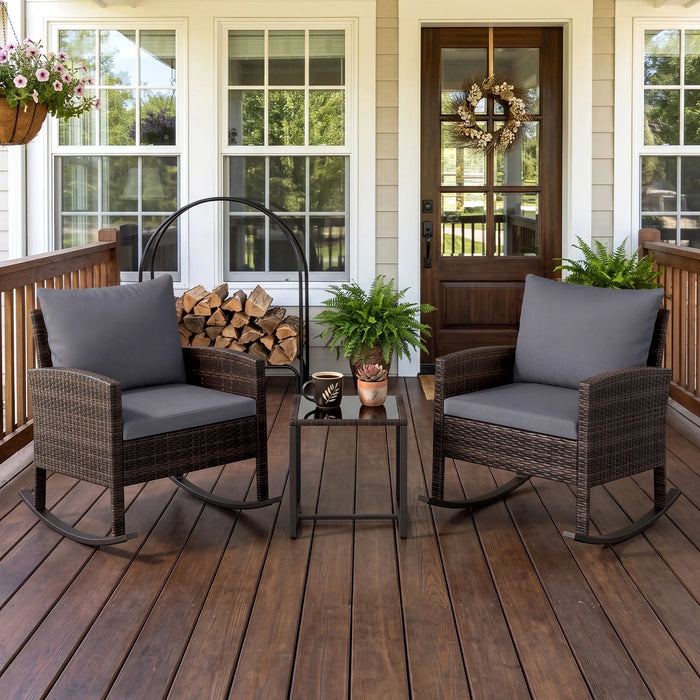 3-Piece Wicker Rocking Bistro Set with Tempered Glass Table and Cushions for Patio-