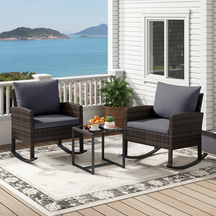 3-Piece Wicker Rocking Bistro Set with Tempered Glass Table and Cushions for Patio-