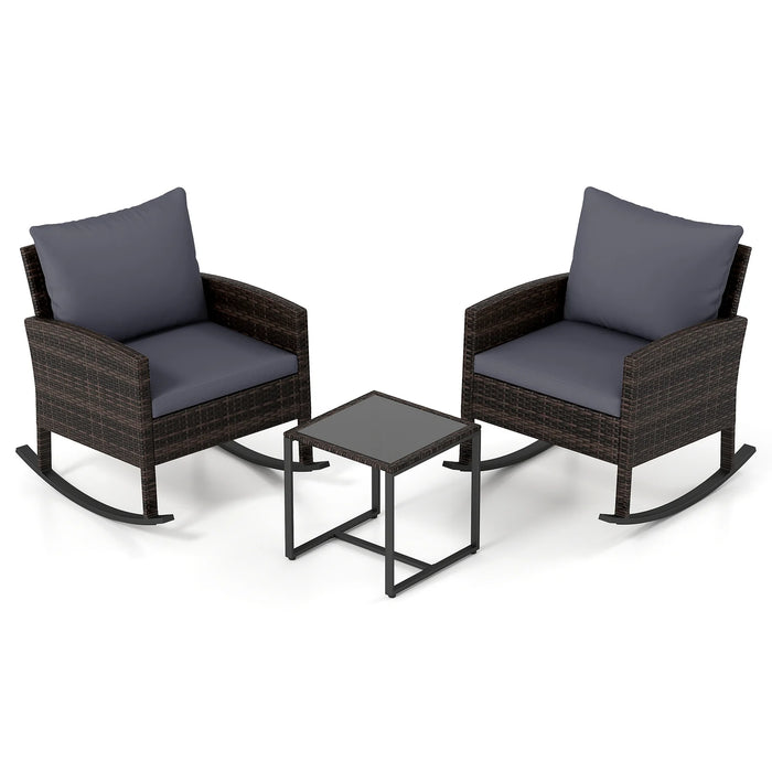 3-Piece Wicker Rocking Bistro Set with Tempered Glass Table and Cushions for Patio-