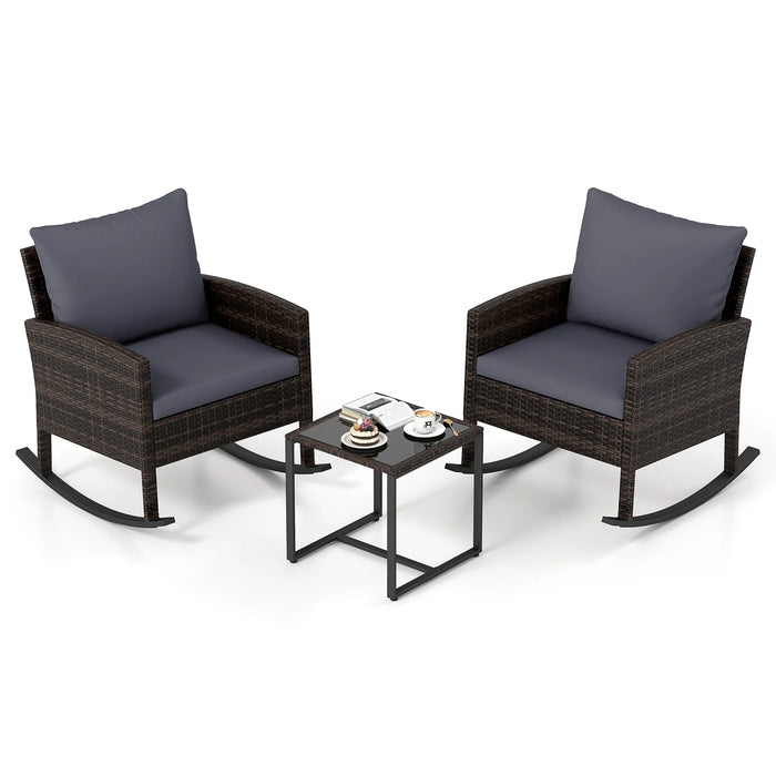 3-Piece Wicker Rocking Bistro Set with Tempered Glass Table and Cushions for Patio-