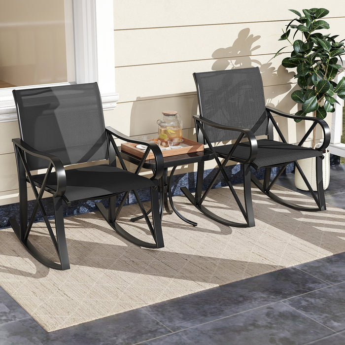 3-Piece Patio Rocking Bistro Rocker Chairs Set with Glass-Top Side Table-