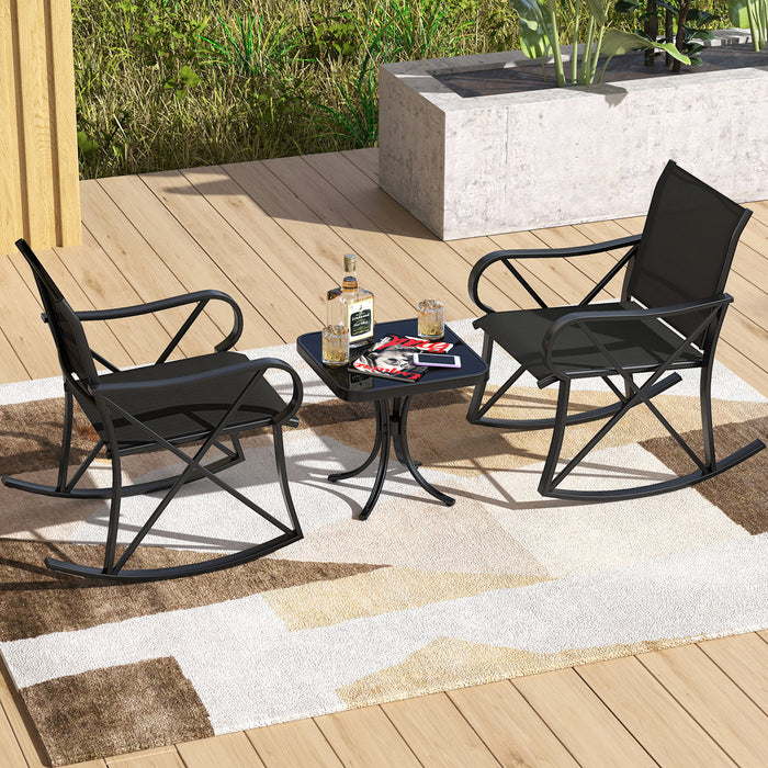 3-Piece Patio Rocking Bistro Rocker Chairs Set with Glass-Top Side Table-