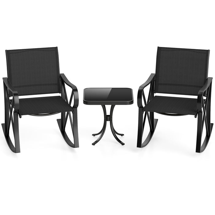 3-Piece Patio Rocking Bistro Rocker Chairs Set with Glass-Top Side Table-