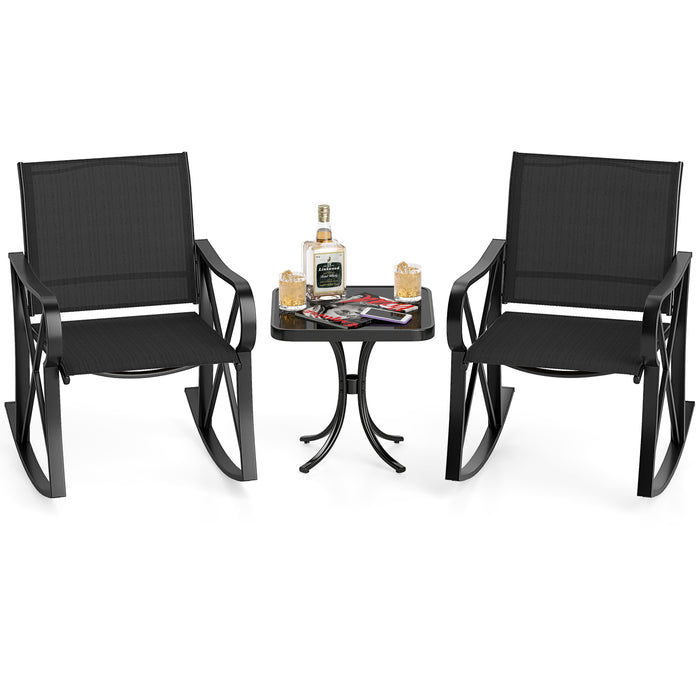 3-Piece Patio Rocking Bistro Rocker Chairs Set with Glass-Top Side Table-