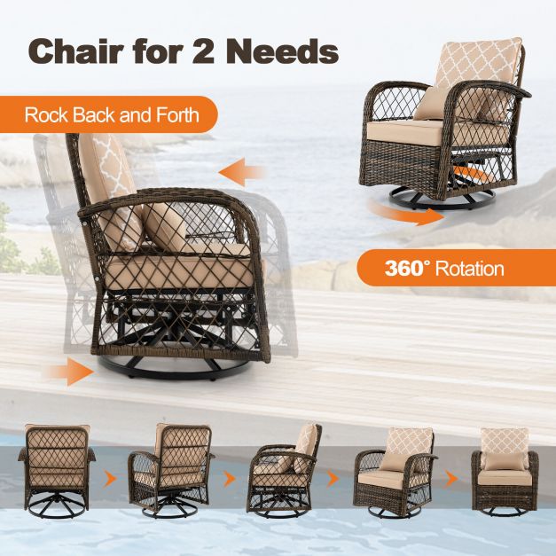 Wicker Swivel Rocker - 3-Piece Patio Set with Tempered Glass Coffee Table in Beige - Ideal for Outdoor Comfort and Leisure Activities