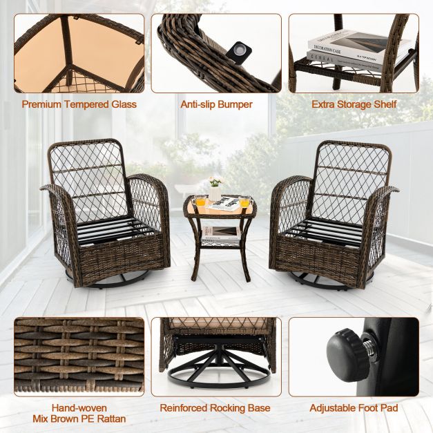Wicker Swivel Rocker - 3-Piece Patio Set with Tempered Glass Coffee Table in Beige - Ideal for Outdoor Comfort and Leisure Activities