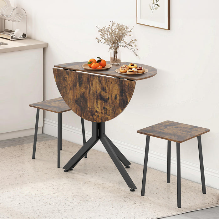 3-Pieces Drop Leaf Dining Table Set Extendable Round Folding Kitchen Table with 2 Stools-