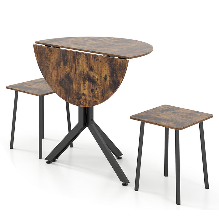 3-Pieces Drop Leaf Dining Table Set Extendable Round Folding Kitchen Table with 2 Stools-