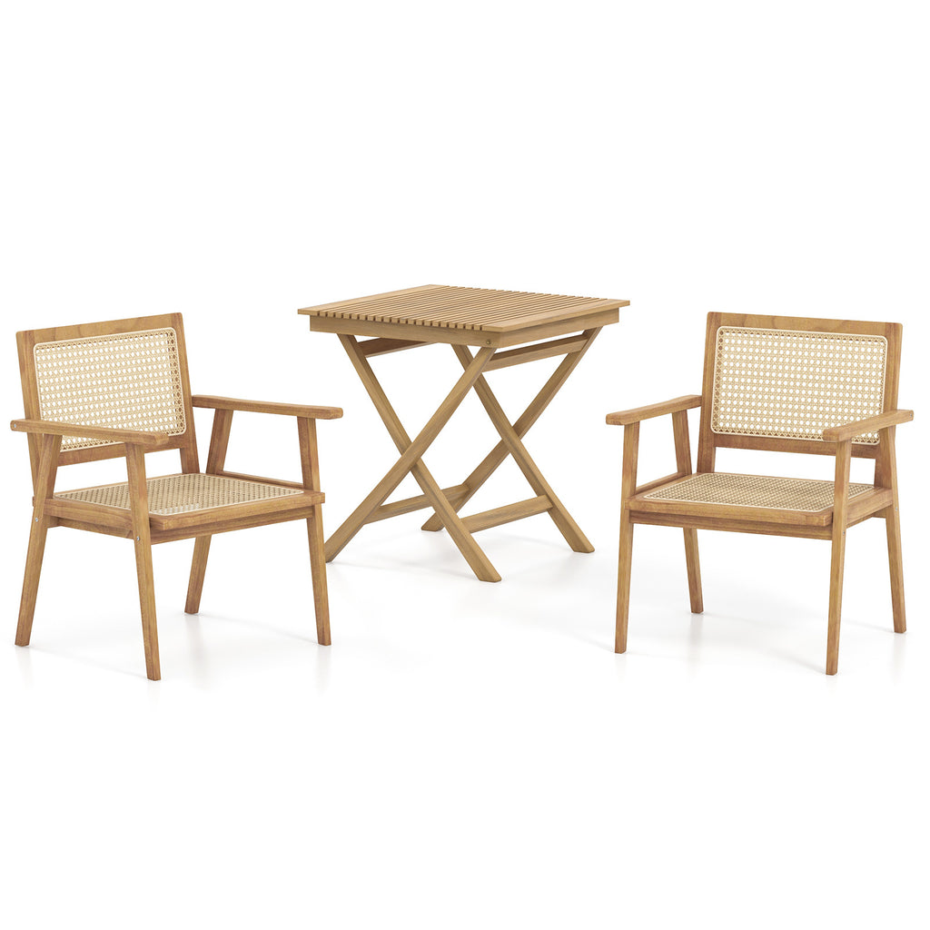 3-Pieces Folding Bistro Set Teak Wood Table and 2 Armchairs with Rattan Backrest
