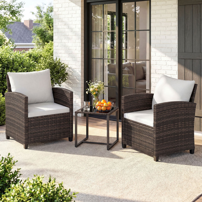 3 Pieces PE Rattan Wicker Outdoor Bistro Conversation Set with Soft Cushions-