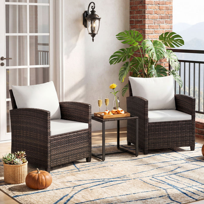 3 Pieces PE Rattan Wicker Outdoor Bistro Conversation Set with Soft Cushions-