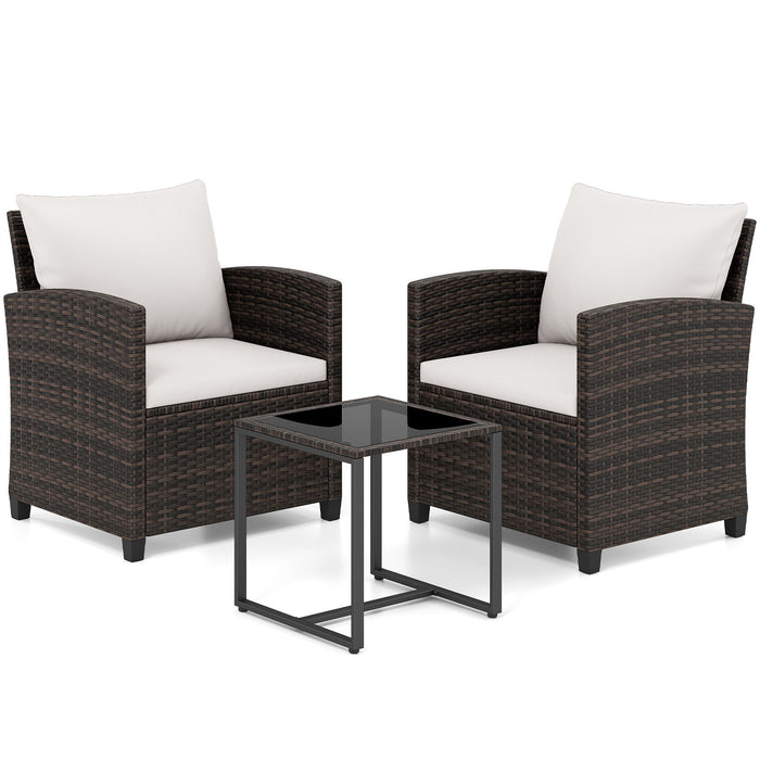 3 Pieces PE Rattan Wicker Outdoor Bistro Conversation Set with Soft Cushions-