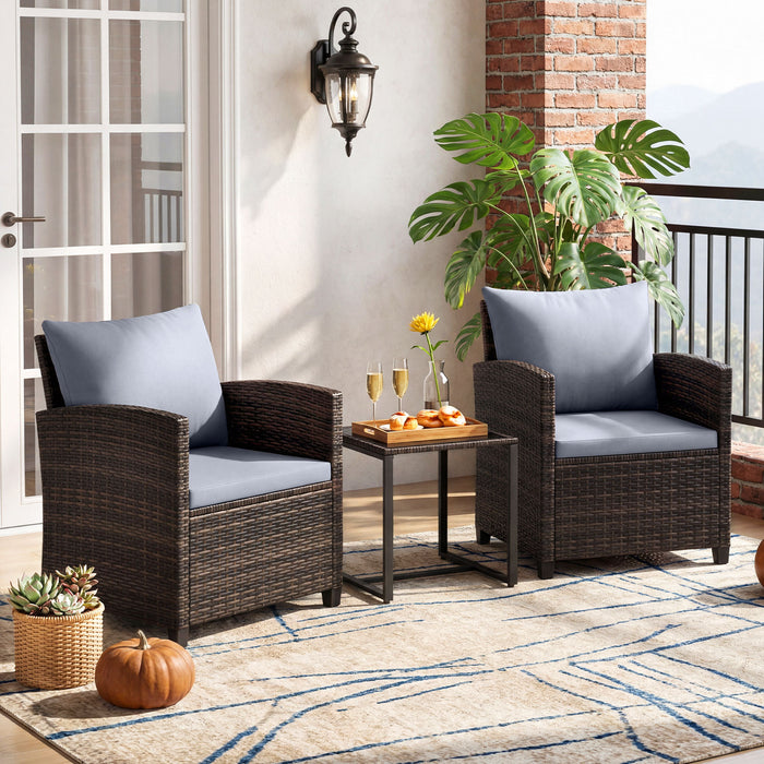 3 Pieces PE Rattan Wicker Outdoor Bistro Conversation Set with Soft Cushions-