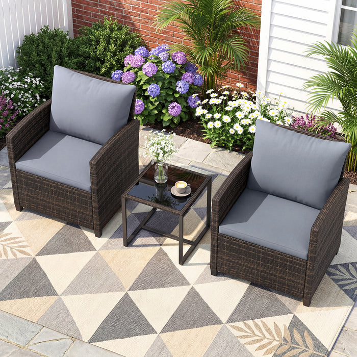 3 Pieces PE Rattan Wicker Outdoor Bistro Conversation Set with Soft Cushions-