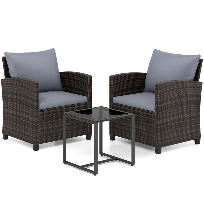 3 Pieces PE Rattan Wicker Outdoor Bistro Conversation Set with Soft Cushions-