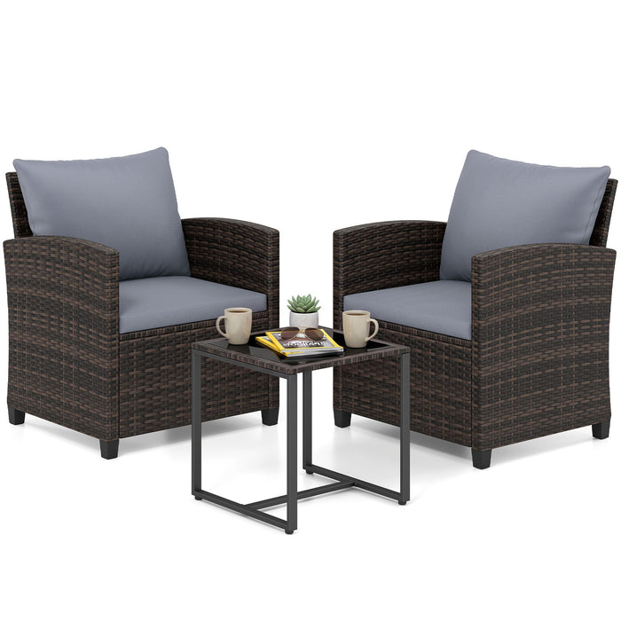 3 Pieces PE Rattan Wicker Outdoor Bistro Conversation Set with Soft Cushions-